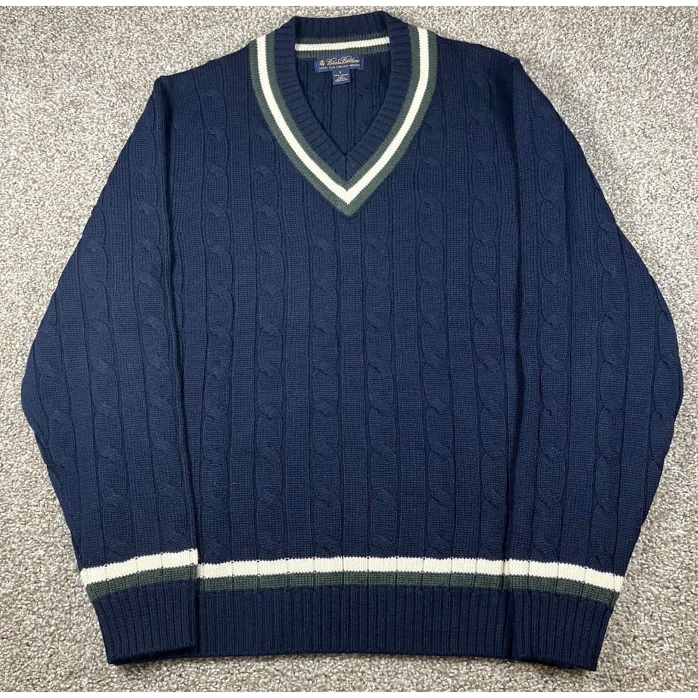 Brooks Brothers Mens Large Navy Blue Italian Merino Wool Cable Sweater Cricket